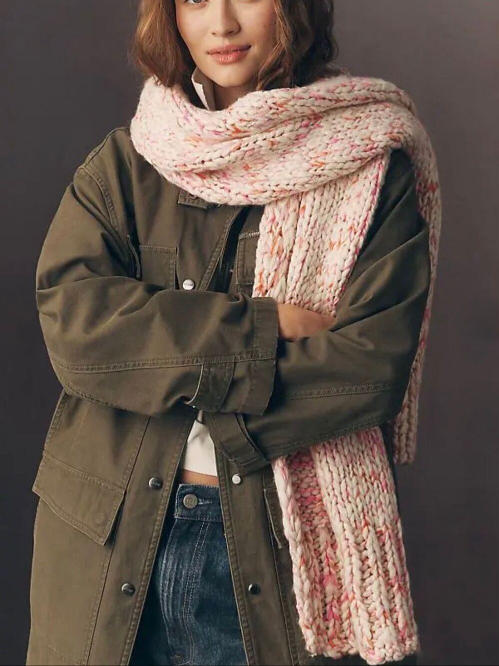 Anthropologie Chunky Yarn Knit Fringe Scarf Pink NWT One Size confetti